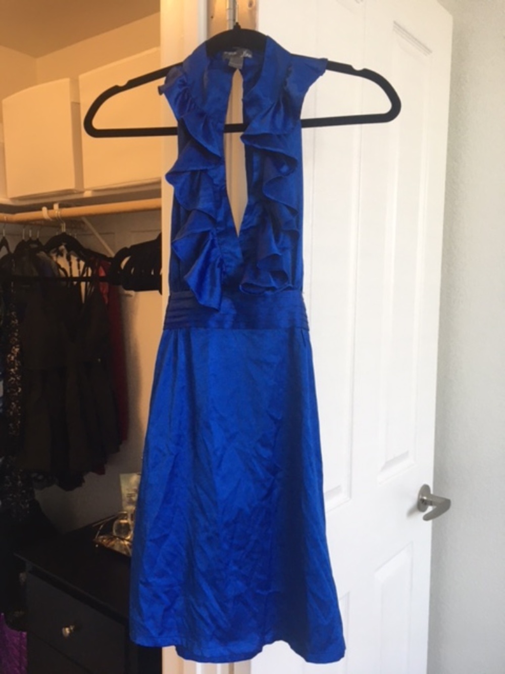 Sapphire Blue Satin Halter Mini Dress